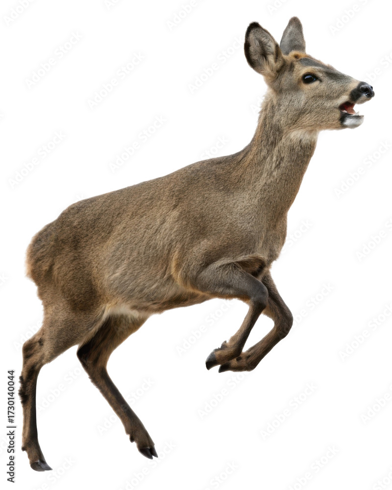 Fototapeta premium Graceful deer leaps through air, showcasing its agility and beauty natural setting. animal fur is rich brown, highlighting its elegant form