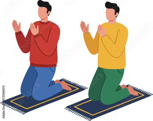 Two men praying on rugs wearing colorful sweaters in peaceful indoor setting vector illustration 