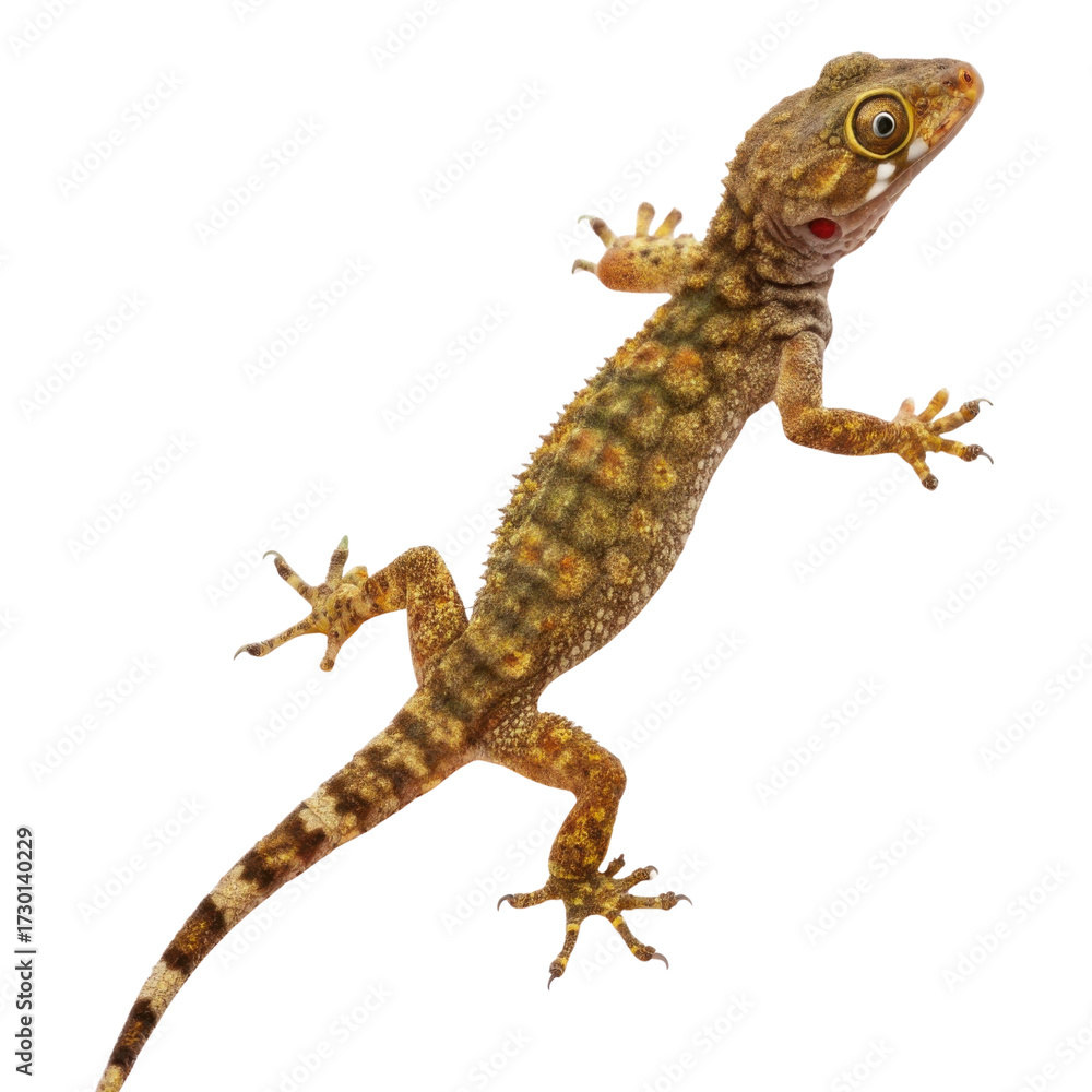 Naklejka premium Detailed image of gecko showcasing its unique patterns and colors, highlighting its agile form and distinctive features