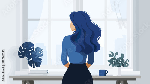 Woman gazing out window illustration interior design
