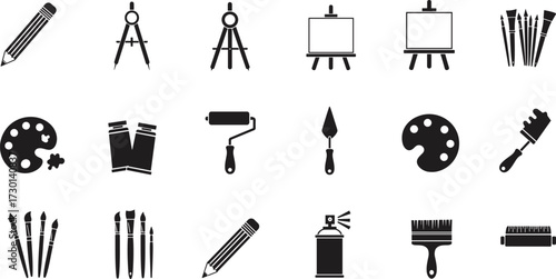Art tool icon set, drawing, painting, creative design, sketching equipment, brushes, palette, pencil, easel, spray, isolated symbols