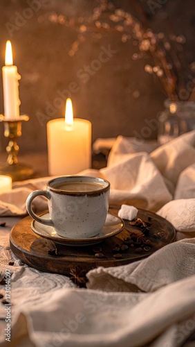 Mug of Coffee with Two Sugar Cubes on Wooden Plate with Candle Lit Near White Cloth and Candle Holder on Dark Background