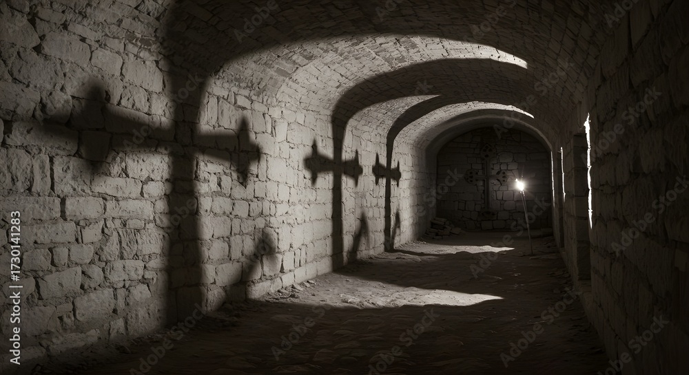 Fototapeta premium Sepia-toned ancient stone corridor with arched ceiling, dramatic shadows, and medieval ambiance