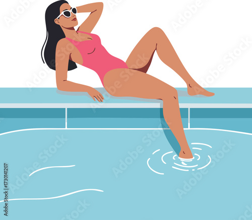 Woman relaxing by poolside in pink swimsuit and sunglasses summer leisure lifestyle vector illustration 
