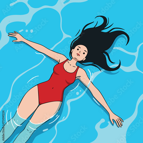 Woman in red swimsuit floating calmly in blue water pool with relaxed mood illustration 