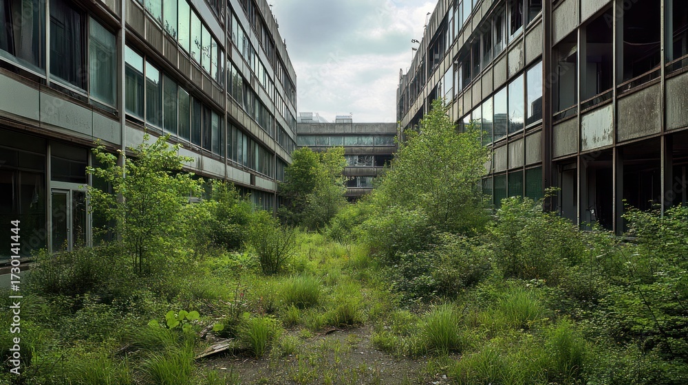 Obraz premium Urban decay reclaiming abandoned buildings with natural vegetation growth