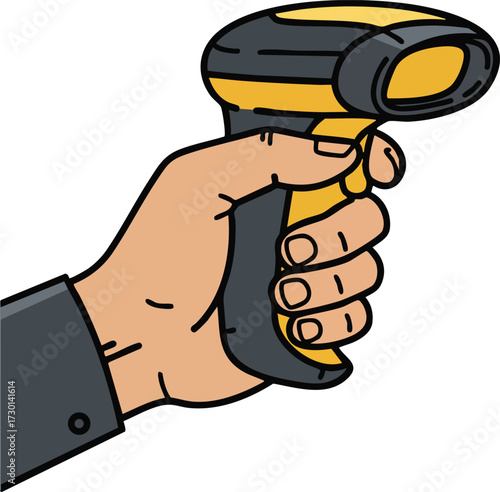 Hand Holding Yellow and Black Barcode Scanner Device for Retail or Inventory Management Vector Illustration 