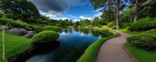 Peaceful walk in nature for quiet reflection concept. Scenic view of a peaceful garden with lush greenery and a pond.