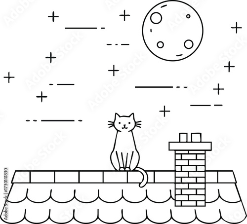 Cat sitting on rooftop with chimney under starry night sky and full moon vector illustration simple line art 