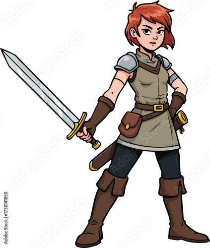 Female warrior character with sword in fantasy armor standing ready for battle vector illustration 