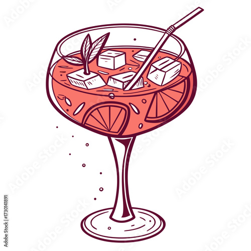 A refreshing pink cocktail in a large wine glass with ice cubes orange slices mint leaves and a straw depicted in a stylish line art illustration with a vibrant coral hue and subtle bubbles