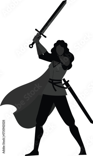 Female warrior holding sword standing with cape blowing in wind vector illustration silhouette 