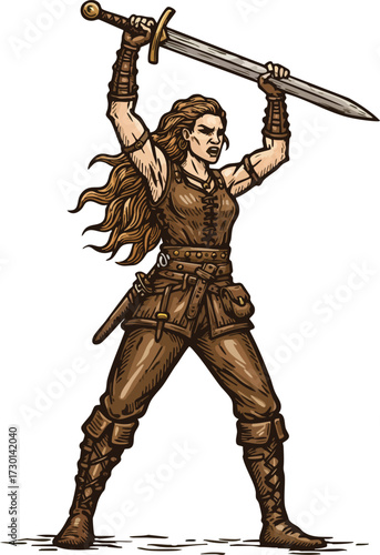 Female warrior raising sword in battle stance detailed vector illustration with brown armor and boots 