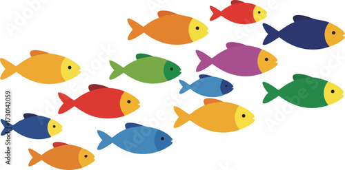 Colorful school of fish vector illustration in multiple vibrant hues swimming in formation on white background 