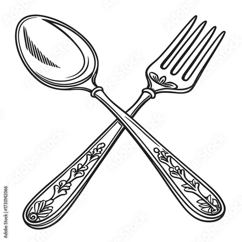 An elegant vintage line art illustration of a crossed spoon and fork with ornate floral engraved handles on a white background symbolizing dining and cuisine