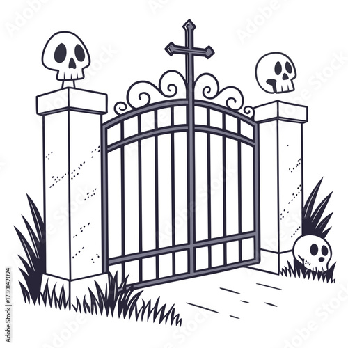 A spooky wrought iron cemetery gate adorned with skulls and a cross framed by tall grass and stone pillars perfect for halloween themes