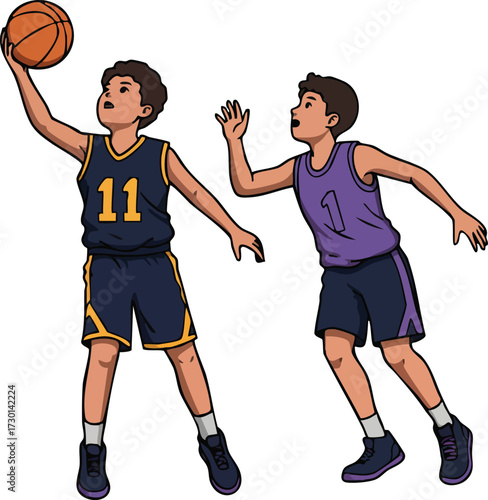 Youth basketball players in action shooting and defending during game vector illustration 