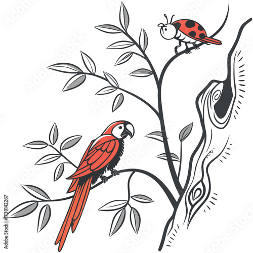 A vibrant red macaw parrot perched on a branch with a cute ladybug resting on a higher branch of the same tree with a white background