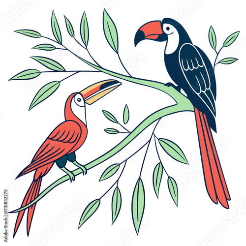 Two stylized toucans perched on a tree branch with green leaves one toucan is red and the other is black and white featuring a minimalist flat design style