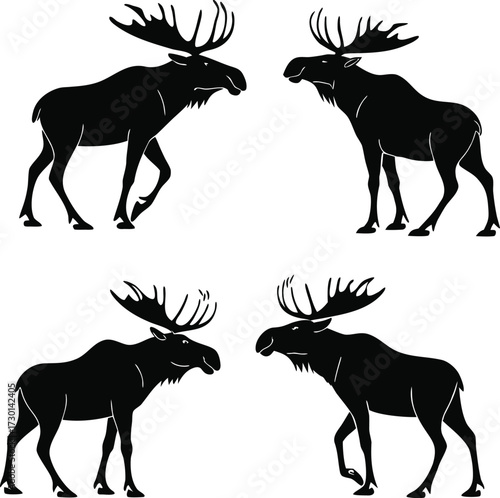Four Black Silhouette Moose Facing Each Other animal 1