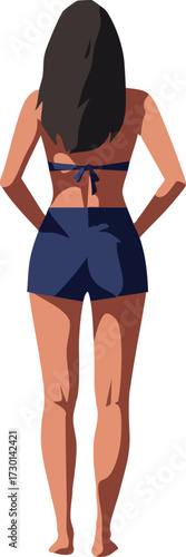 Woman standing barefoot with hands on hips wearing blue shorts and bikini top vector illustration 