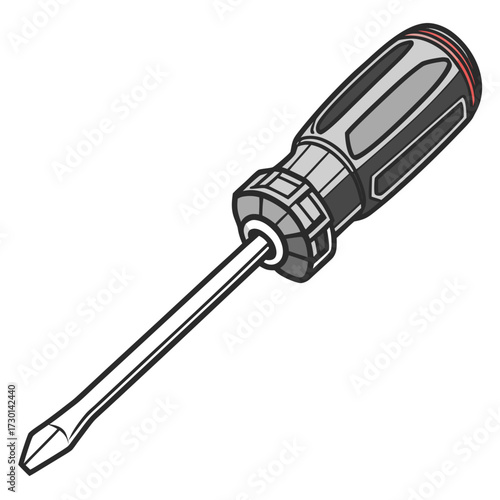 A detailed illustration of a phillips head screwdriver with a gray and black ergonomic handle and a shiny metal shaft isolated on a white background