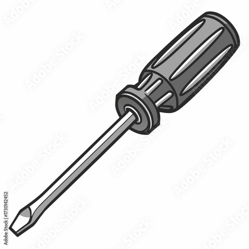 A simple stylized illustration of a flathead screwdriver with a gray handle and metal shaft isolated on a white background perfect for diy projects and repair guides