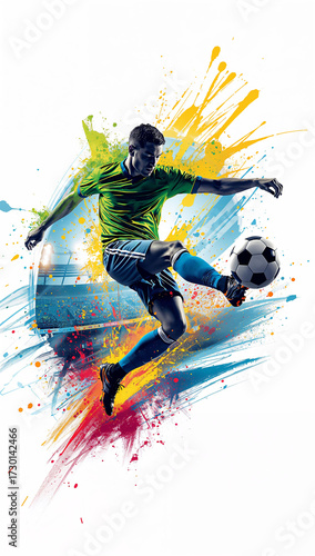 Vertical Football Poster: Action Shot of Athlete in Mid-Air Kick with Vibrant Art

