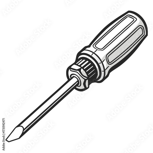 A simple line art illustration of a flathead screwdriver with a black handle and silver shaft on a white background
