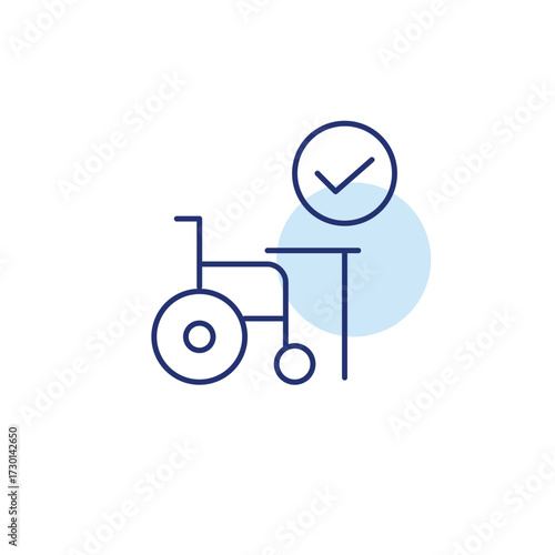 Wheelchair, work table and checkmark. Certified accessibility, inclusive workplace. Pixel perfect, editable stroke vector icon