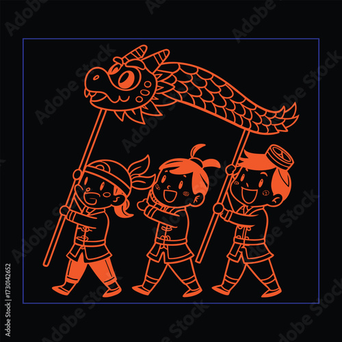 Three children in orange traditional clothing carry a dragon puppet