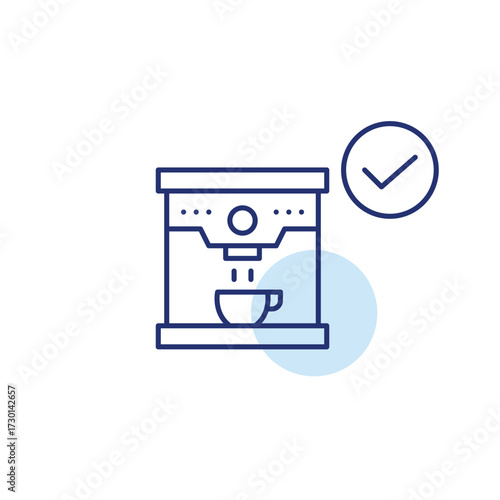 Coffee machine and checkmark. Approved kitchen and restaurant equipment. Pixel perfect, editable stroke vector icon