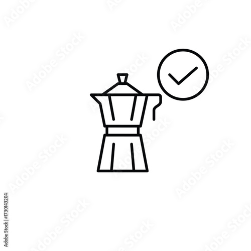 Moka pot and checkmark. Secure and safe brewing equipment. Pixel perfect, editable stroke vector icon