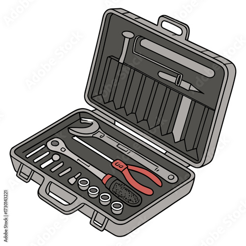 An open toolbox containing a variety of tools including a wrench pliers sockets and chisels all neatly organized for easy access and portability