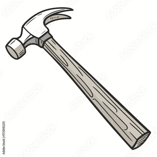 A classic claw hammer with a light wood grain handle and a silver metal head is depicted in a simple clean cartoon illustration against a white background