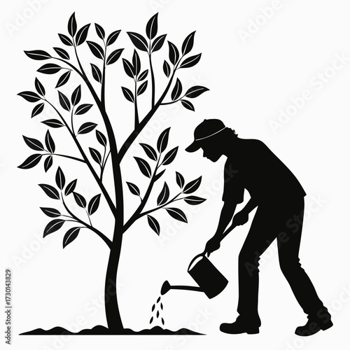 Silhouette of a man watering a newly planted tree
