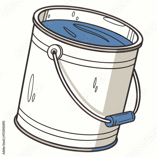 A simple cartoon illustration of a white metal bucket filled with blue liquid and a blue handle on a white background