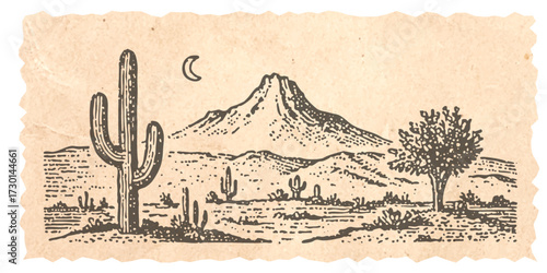 Vintage desert landscape illustration with cactus and mountains under a crescent moon. Vintage woodcut engraving linocut style vector.