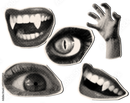 Halftone collage elements halloween vampire eyes mouth,hand,trendy halloween collage cut out element for banner,flyer,poster