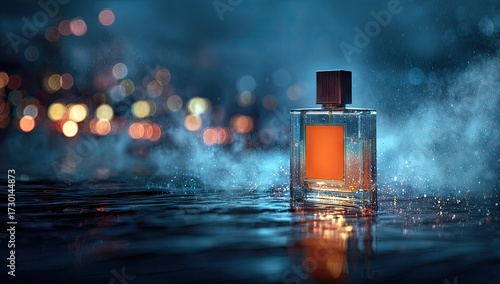 Elegant perfume bottle against blurred background with water effect