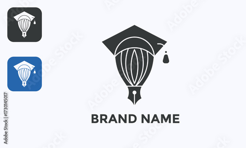 Graduation cap pen and balloon concept vector logo, simple elegant black isolated design for education business branding and digital mockup
