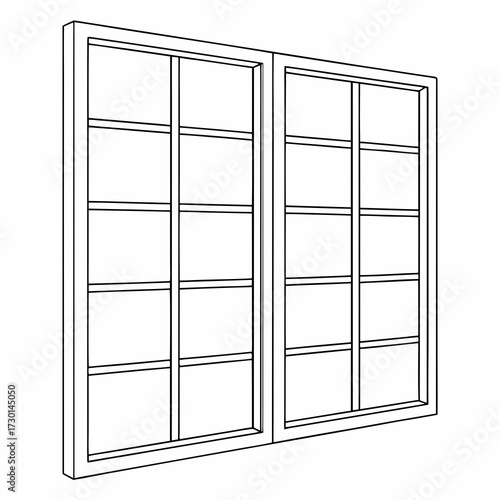 A simple line drawing of a modern double casement window with multiple panes and a clean white background for architectural design and illustration