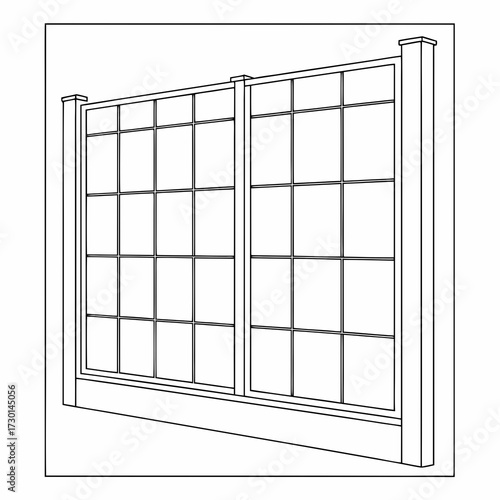 A detailed line drawing illustration of a modern architectural window with multiple panes and a clean geometric design suitable for residential or commercial buildings