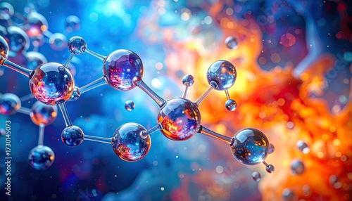 Stylized molecular structure—interconnected spheres representing atoms with rods as chemical bonds, vibrant blue and orange background suggests dynamic energy transfer or reaction, evoking scientific 