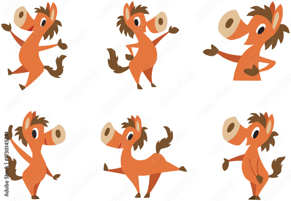 Obraz premium 手描きのゆるい馬キャラクターセット (挨拶、案内、ガイド)