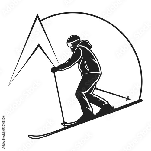 A skier descends a mountain slope, , in silhouette