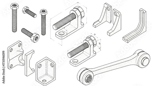 Mechanical Blueprint of Engineering Parts – Industrial Drafting Illustration with Screws, Bolts, Brackets, Lever Mechanism, Dimensional Views
