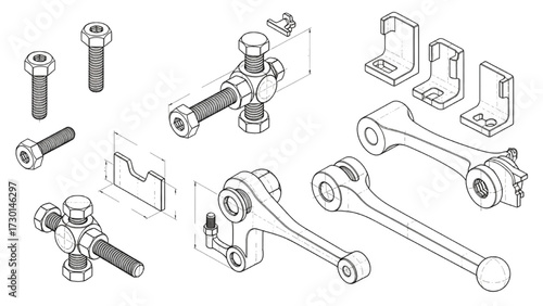 Technical Drawing Illustration of Mechanical Engineering Components – Screws, Brackets, Bolt Assembly, Lever Arm, Isometric and Orthographic Projections