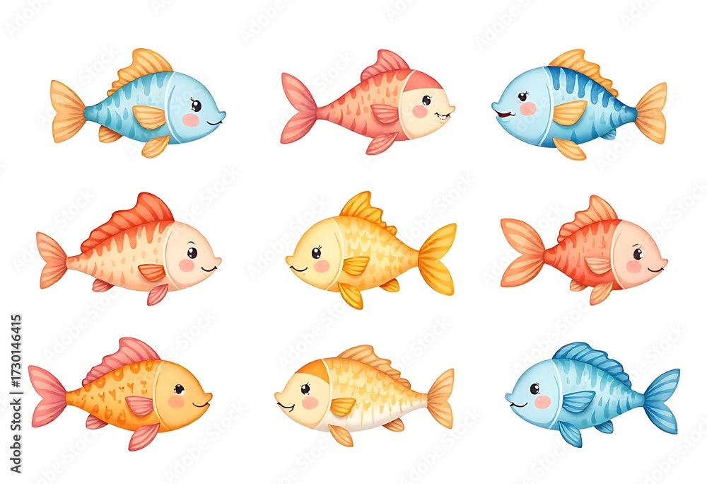 Fototapeta premium Charming collection of nine adorable cartoon fish in vibrant blue, orange, and yellow hues, perfect for children's illustrations and educational materials.