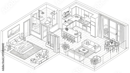 Isometric Apartment Layout in Black and White Line Art – Modern Floor Plan with Bedroom, Living Room, Kitchen, Bathroom, Balcony